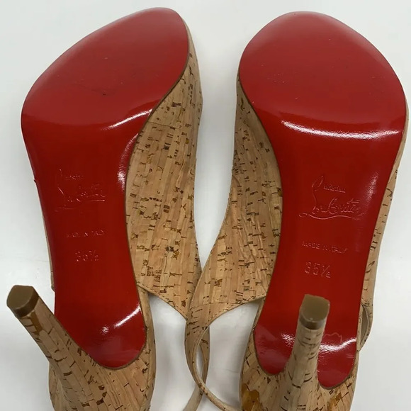 Christian Louboutin Peep Toe Sling Back Light Brown Cork Heels Size 35.5 | 5.5 - Picture 10 of 14